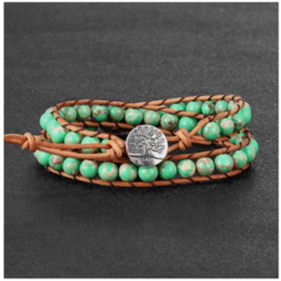Madam P Jewelry - COPY - Women's Green Stone Wrap Cowhide Braided Bracelet.  Hand Made Jewelry